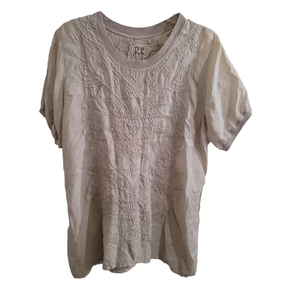 Johnny Was Boho Tan Monochrome Embroidered Ghalah Top Shirt Small